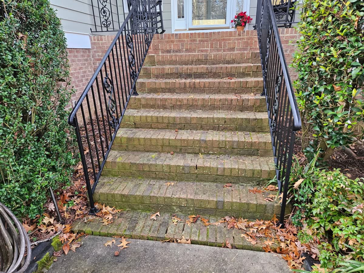 Brick front steps covered in green algae and moss before cleaning